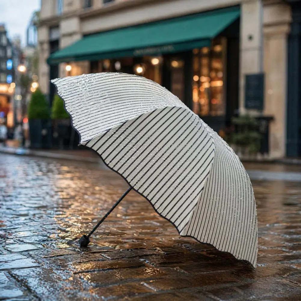 Sunscreen Umbrella Women Umbrella Striped Folding Umbrella with Wavy Edge Uv Protection Travel Windproof Rainproof for Women