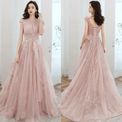 Evening Dresses Pink Golden Glitters Illusion Pleat O-neck Short Sleeves A-line Floor-length Plus size Women Party Formal Gowns