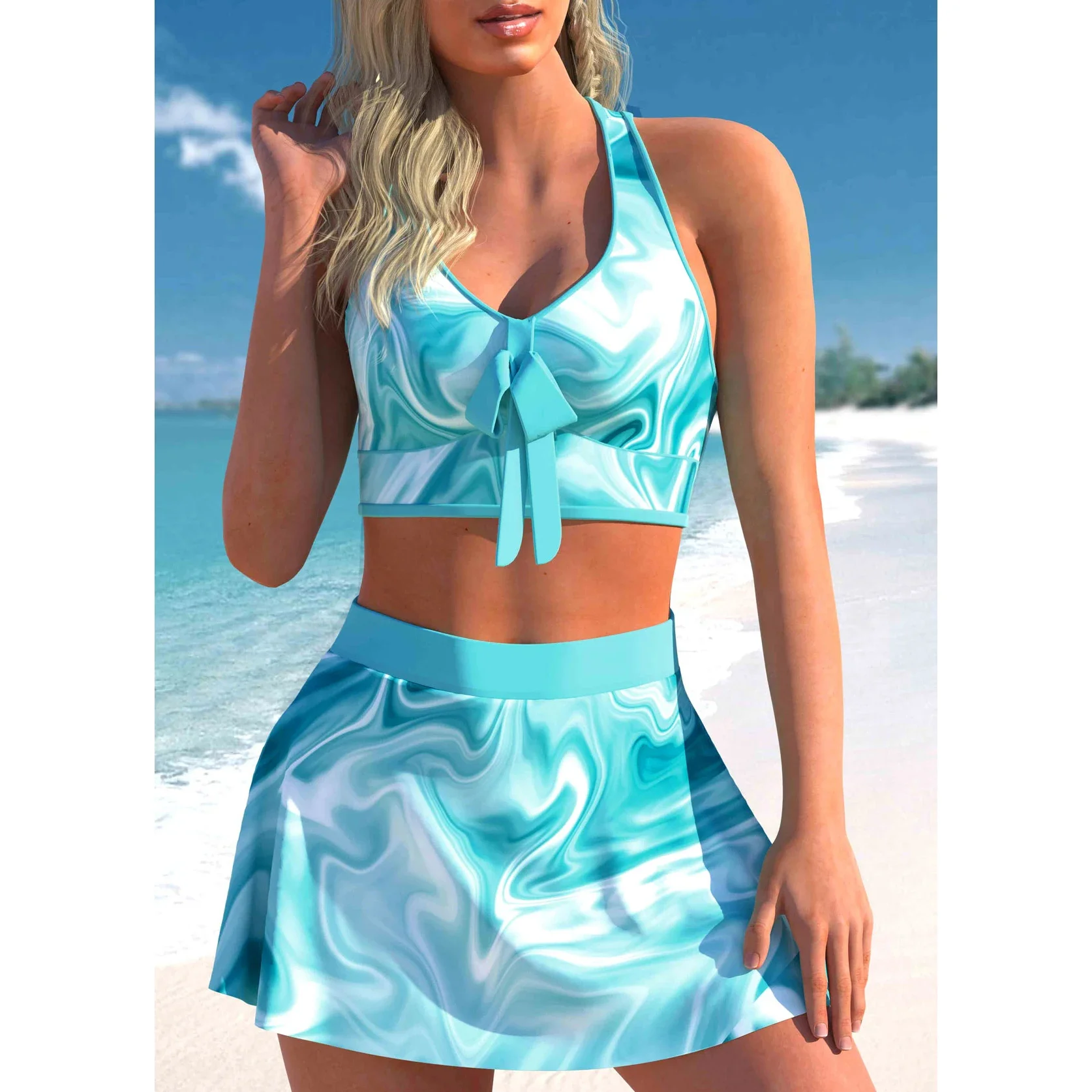 2023 New Summer Two Piece Beach Swimwear Skirt Bikini Sexy Swimwear Women\'s Off Shoulder Swimwear New Design Print Bikini Set