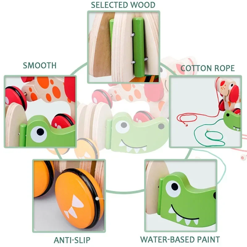 Crocodile Pull Wooden Toy Montessori Toddler Pull Rope Toy with Rope Pull Type Baby Early Education Tool Outdoor Walking Playing