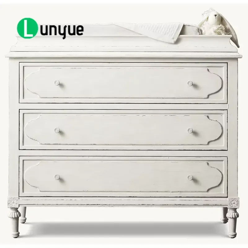 Imitation Old White Solid Wood Three Drawer Baby Diaper Changing Dresser Farmhouse Style Carved Leg Cabinet For Nursery