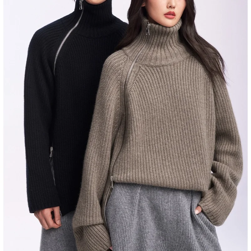 

Gentle Zipper Knitted Pullover Women Outerwear Knit Tops Loose Turtleneck Solid Color Thick Cashmere Unisex Sweater