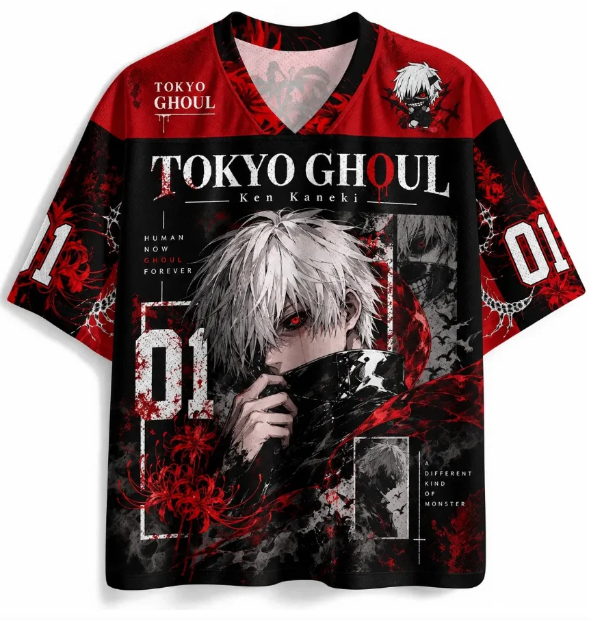 Tokyo Kurumi Kinki Ken V-neck Red Seaside Flower Vintage Bloodstained Style Digital 01 Printed Dark Anime Quick Drying T-shirt