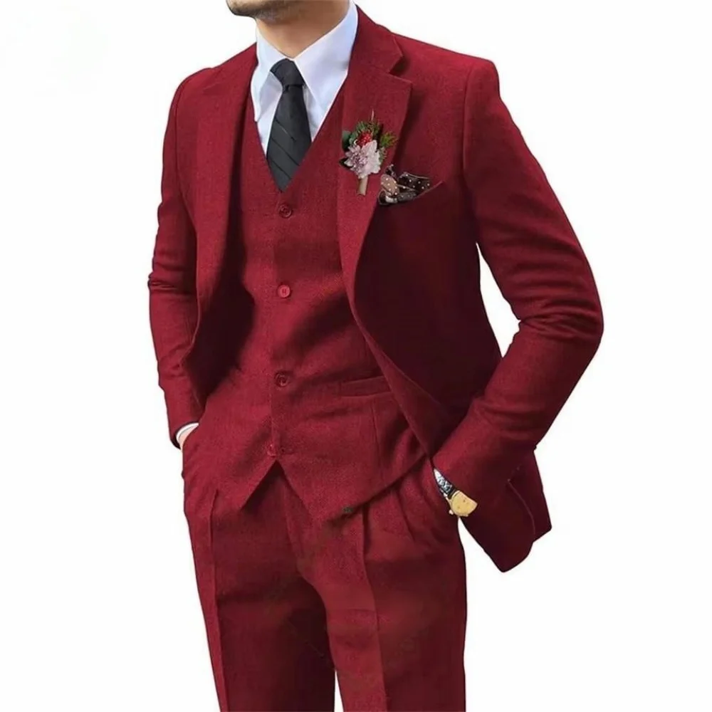 Męski smoking ślubny w kolorze brązowym tweedowym, 3-częściowy garnitur smokingowy z wzorem rybiej ości, z klapami w szpic, biznesowy tweedowy, dopasowany krój.