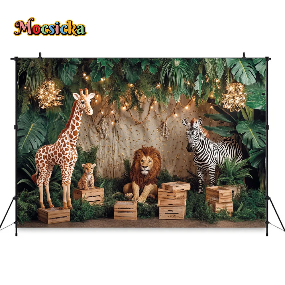 Mocsicka Safari Baby Show Latar Belakang Fotografi Jerapah Singa Hutan Tropis Latar Belakang Hijau Studio Foto Pesta Ulang Tahun Pertama Anak