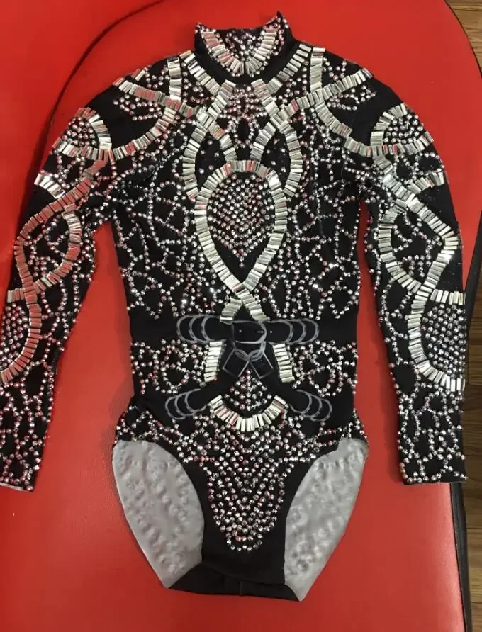 

Silver Black Rhinestones Bodysuit Women Nightclub Crystals Costume Female Sexy Singer Elastic Leotard Stage Show Outfit