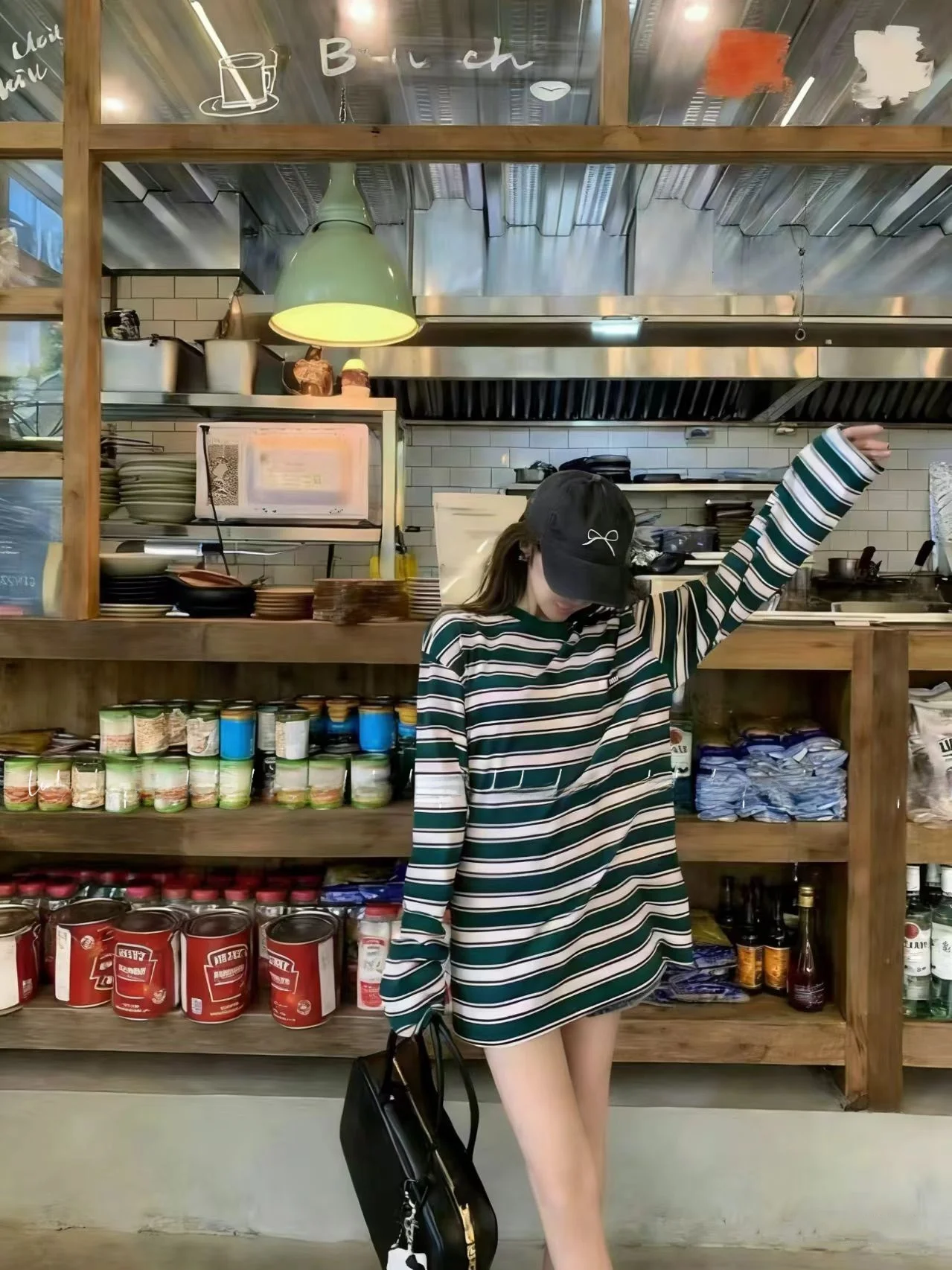 

Винтажная женская футболка свободного кроя с контрастными полосками, длинными рукавами, средней длины, из хлопка, с круглым вырезом, повседневный топ