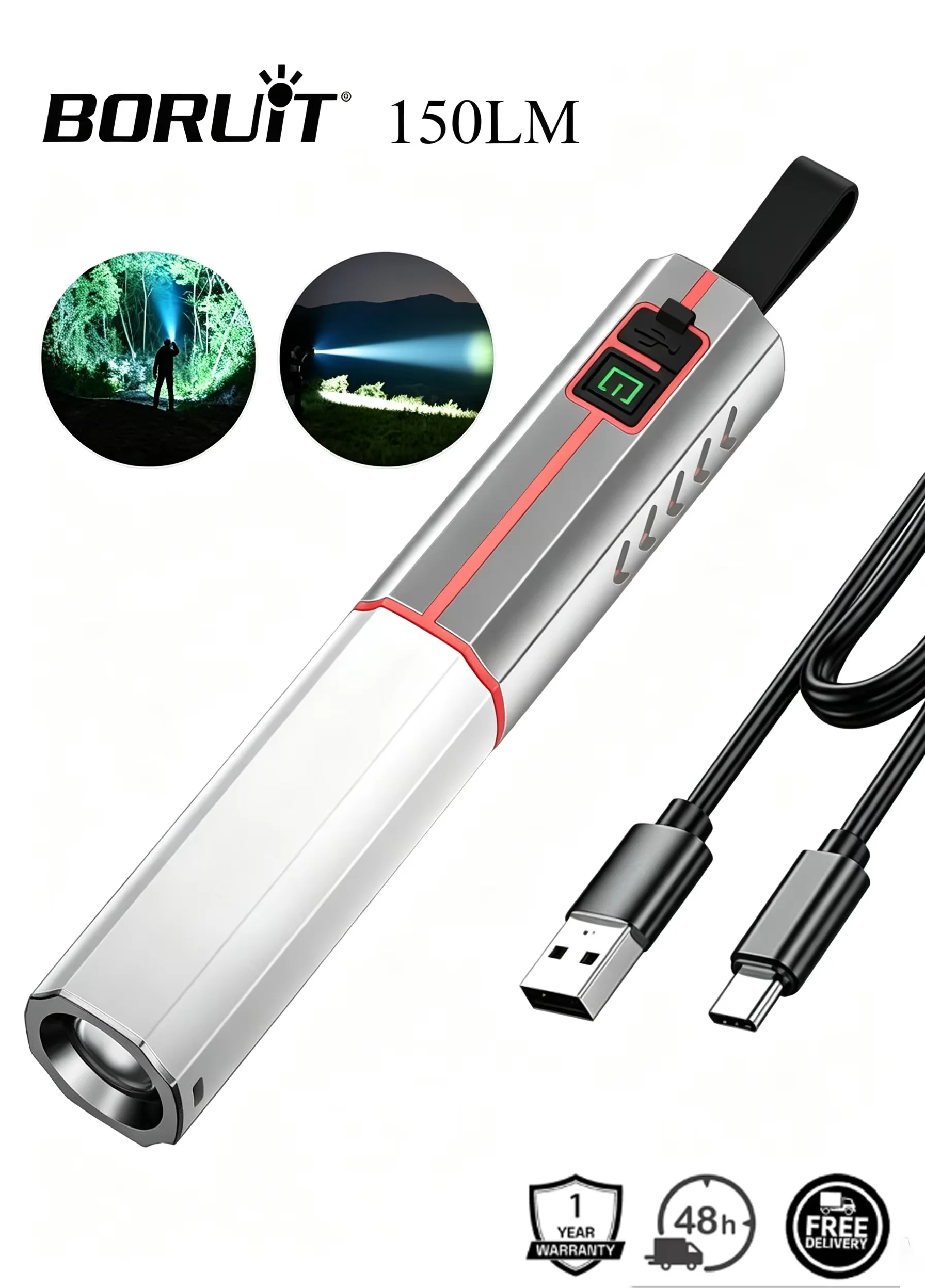 BORUiT AH29 Multifunctional Zoom Flashlight 18650 Battery Type-C Rechargeable Waterproof Camping Hanging Lamp Portable Torch