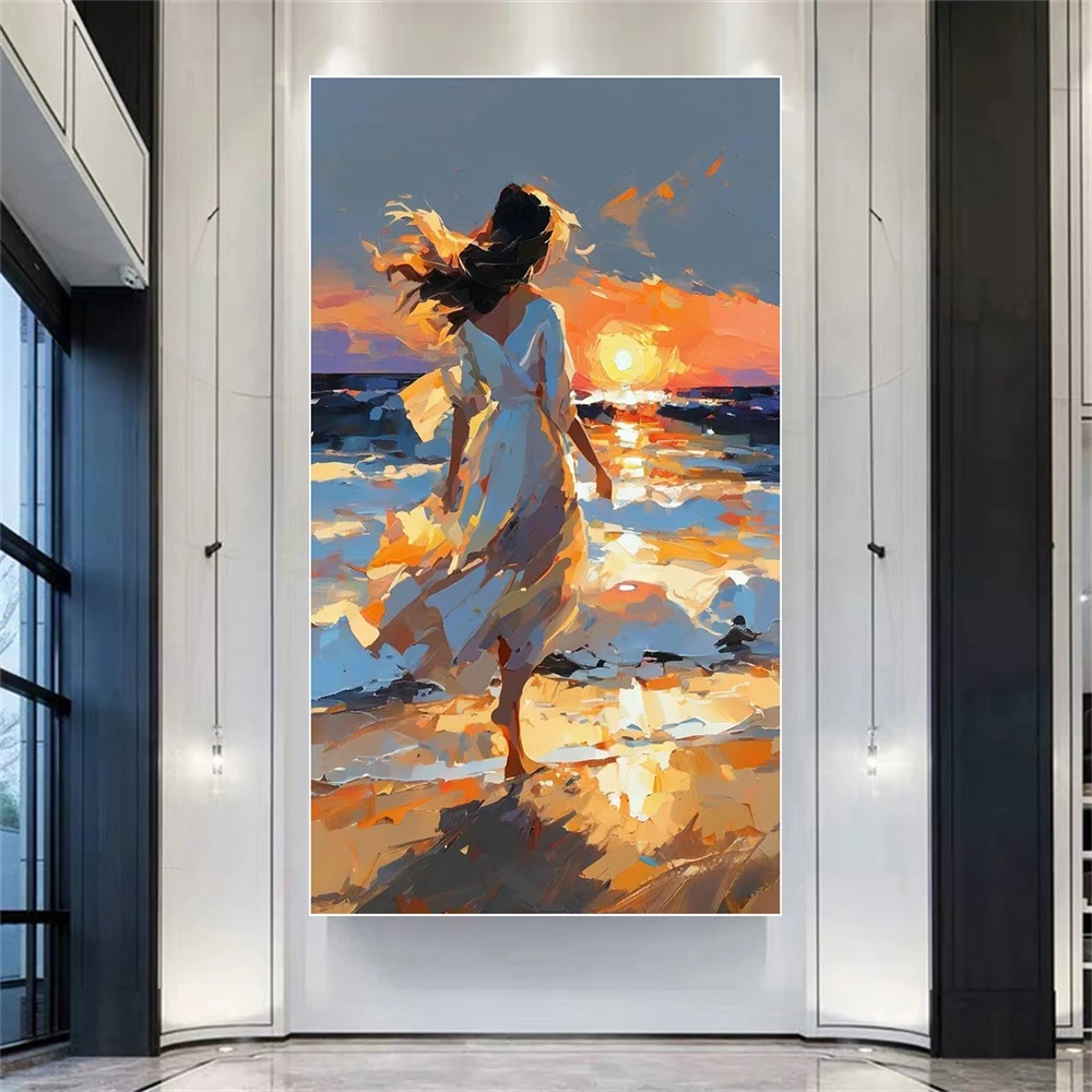 

Hand Drawn Abstract Painting, Canvas Wall Art The Girl By The Seaside Under The Sunset Art Wall Painting For Home Decor