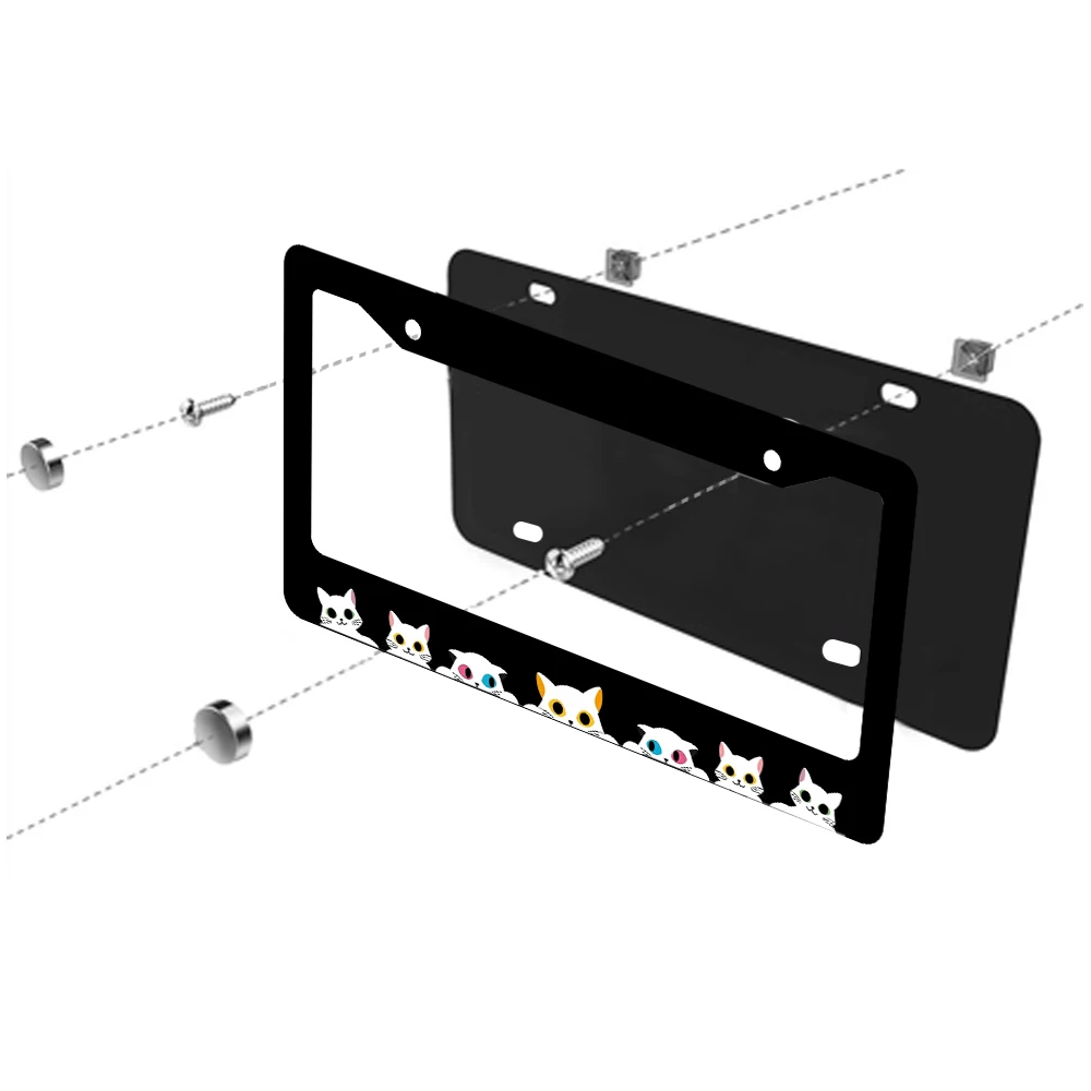 إطار لوحة ترخيص أسود بفتحتين مع نمط قطط ملون، مادة ألومنيوم، 6 × 12 بوصة، يتضمن مجموعة براغي #4