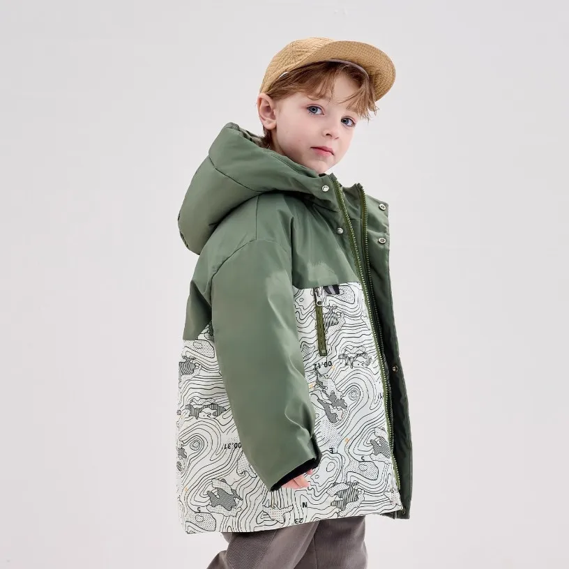 Boys Hooded Down Jacket Spliced Print Kids Winter Parka Coat Windproof Thicken Warm Children Outerwear For 4‑14Y A4781