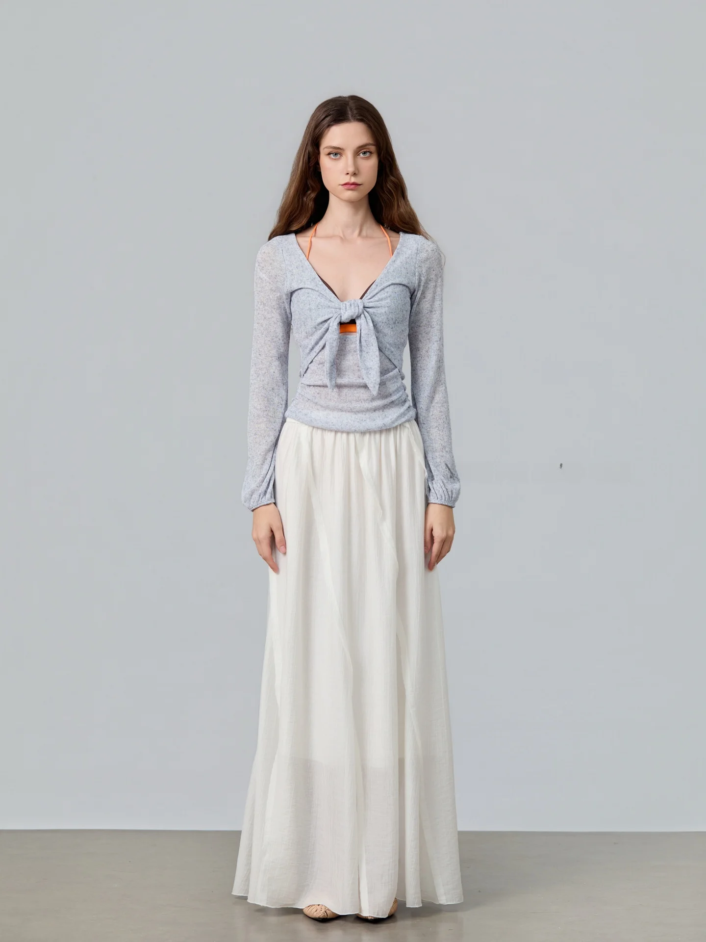 

Original YOU ME AND HER Women's Long Sve Knitted Top Mist Blue See-tough Design Casual Sle Soft Polyester Blend