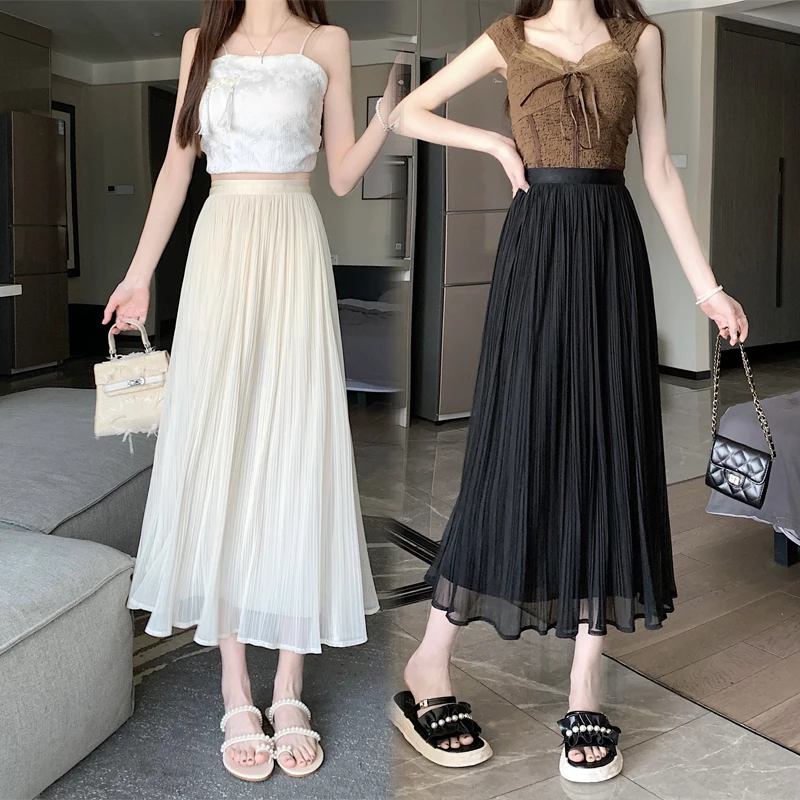 

Coigarsam Women Skirt Spring 2024 Office Lady Korea Style Solid Knitted Chiffon High Waist Black Apricot Color Skirts