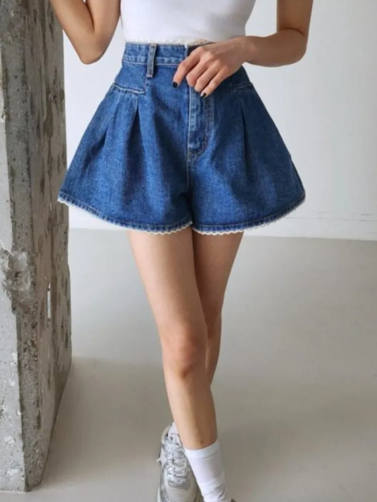 Denim Retro Zomer Mini Shorts Vrouwen Hoge Taille Mode Ruche Dames Broek Koreaanse Stijl Losse Plooidedwoman Shorts