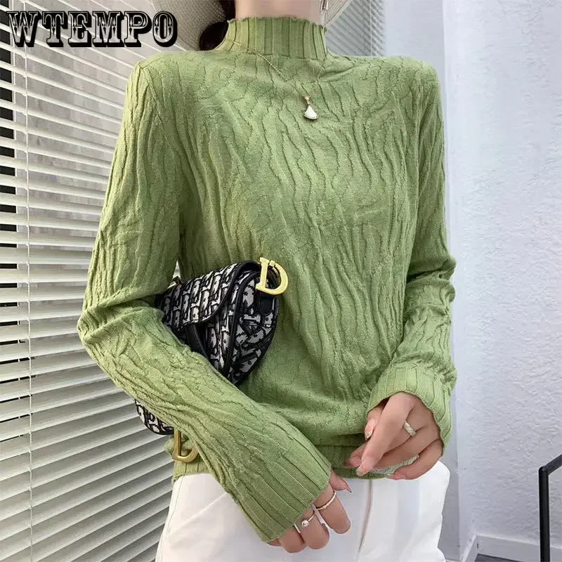 WTEMPO Women Autumn Winter Korean Half High Collar Basic Knitwear Long Sleeve Slim Knitted Sweater Solid Pullover Tops Ropa