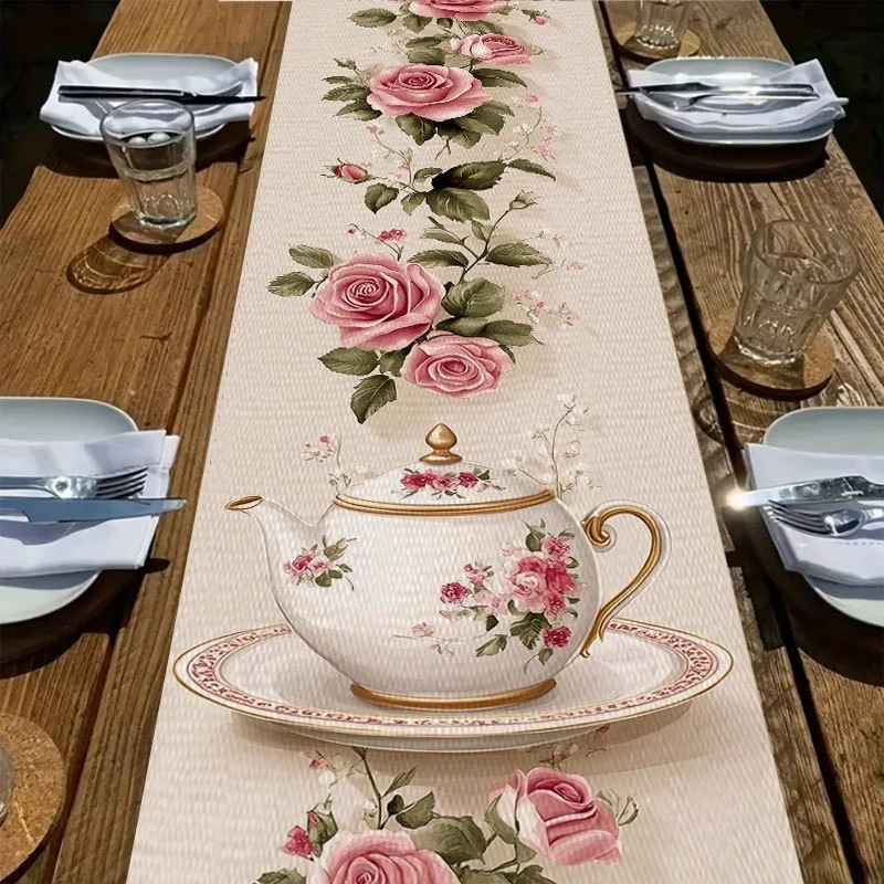 Rosa Rosenblüten-Stil Leinen-Tischläufer für Teegesellschaft Garten-Picknick Küche Dekorative Tischdecke Accessoire