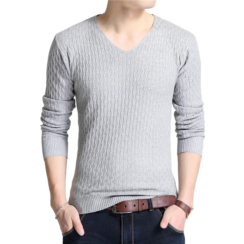 TFETTERS Simple Autumn New Long Sleeve T-shirt for Young Men V-collar Pure Long Sleeve Slim Sweaters Thin Knitted Pullovers