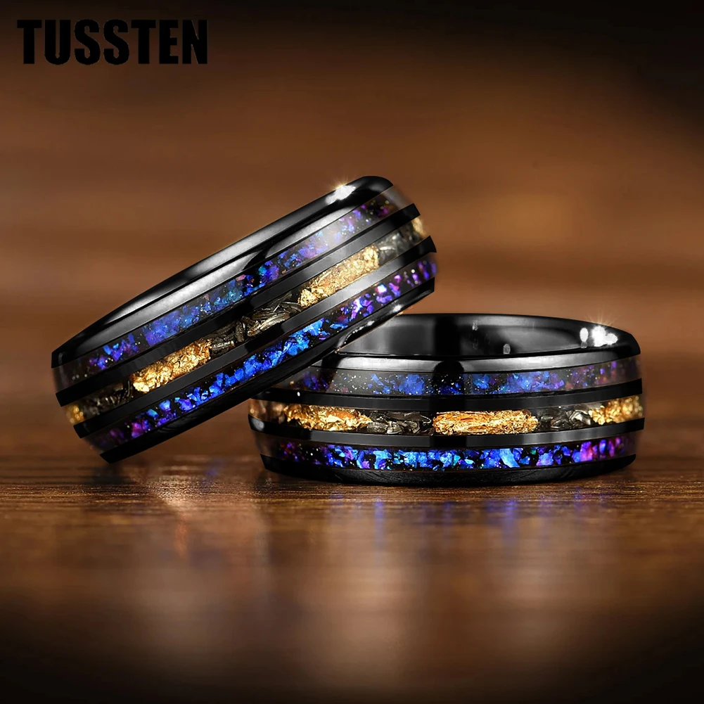 TUSSTEN-anillos de tungsteno de 8MM para hombres y mujeres, nébulosa de Orión, ópalo, meteorito, lámina dorada, incrustaciones, compromiso, promesa de boda