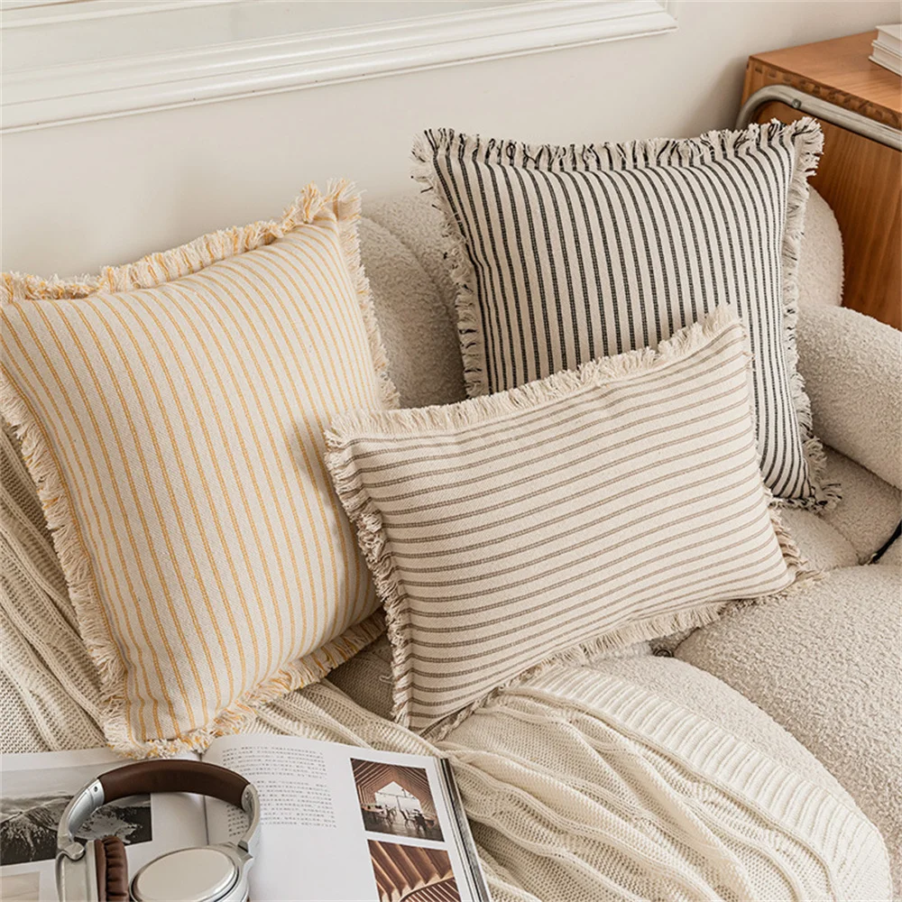 

1 30×50cm Pillow With Tassel For Home Decor PP Cotton Core Breathable Decorative Striped Throw Pillows 45x45cm Sofa Seat Cushion