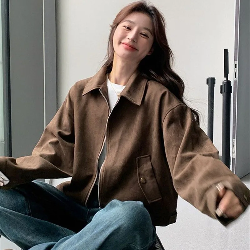 Spring Autumn Ladies Fashion Zipper Short Coat Retro Women Lmitation Suede Lined Outwear Feminine Long Sleeves Leisure Jacket