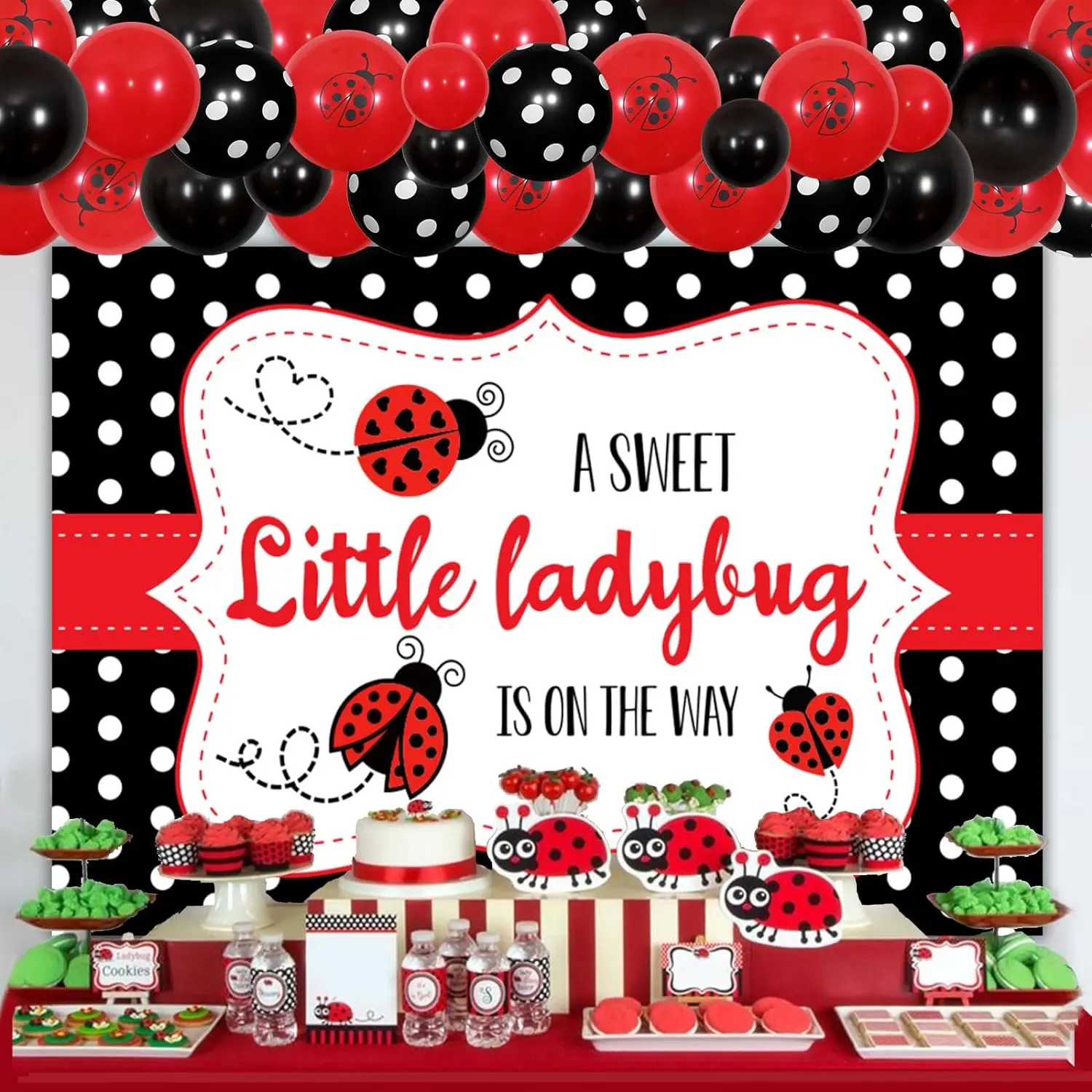 Ladybird Baby Shower Decorations, Ladybug Balloon Arch Kit, Red and Black, A Sweet Little Ladybug Is on the Way Backdrop, Girls