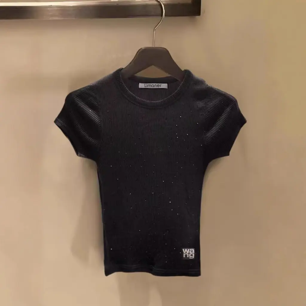 

Summer New Women's Cotton T-Shirt round Neck Short-Sleeved Slimming Look Diamond Detail Sexy Hot Top for