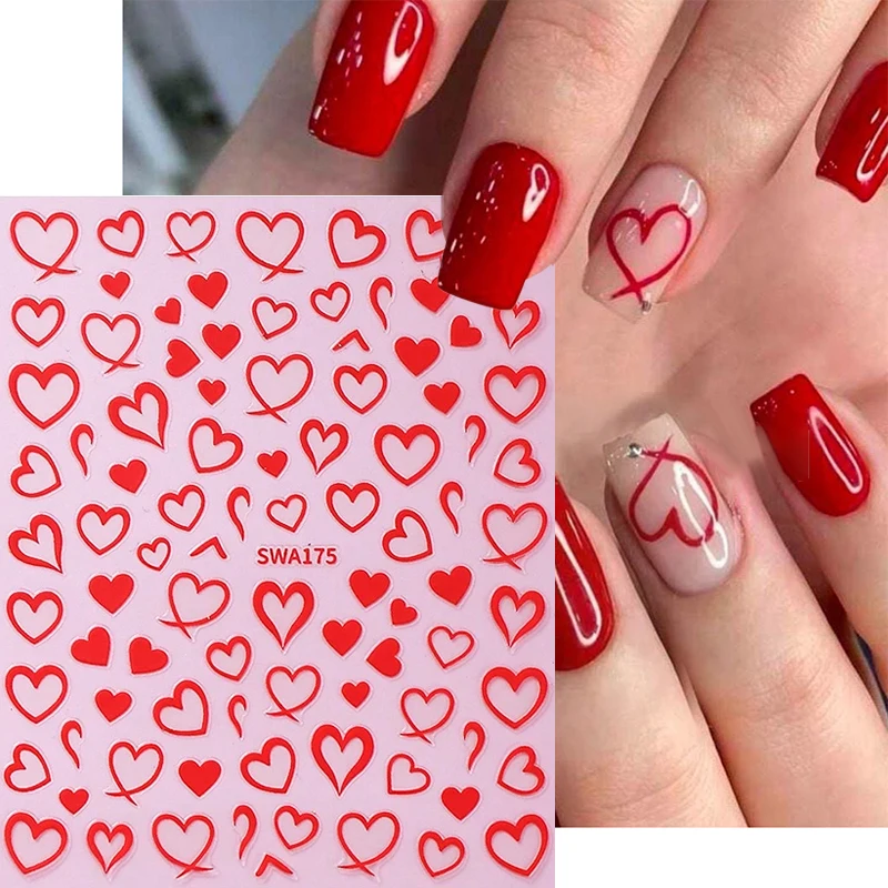 3/1Pcs Bronzing Love Heart Nail Stickers Red Gold Silver Line Love Nail Decals DIY Adhesive Slider Manicure Decoration