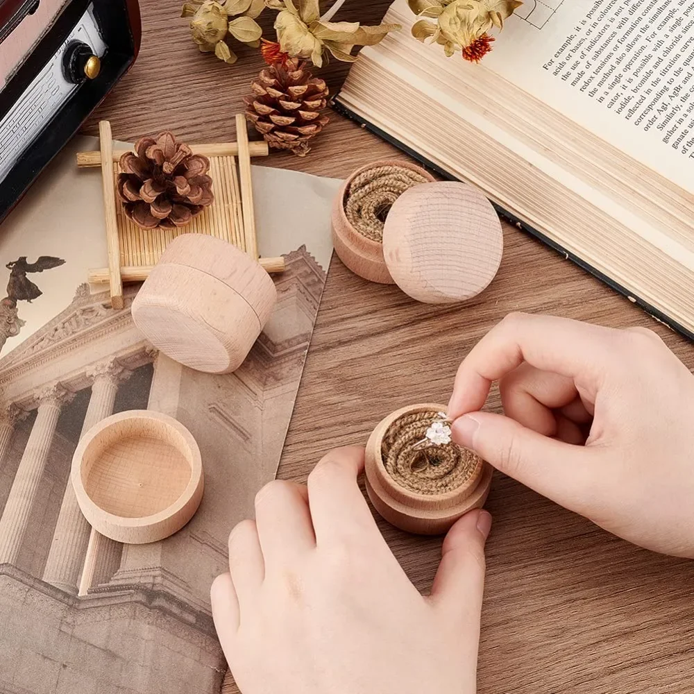 10Pcs Mini Round Wooden Box 3.5x5cm Ring Jewelry Earring Trinket Box for DIY Names Date Wood Storage Container Case for Proposal