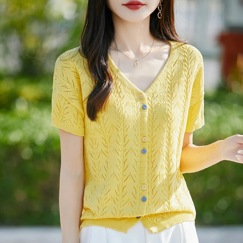 

Women 100% Cotton Knitted Cardigan Korean Style V-neck Loose Short Sleeve Shirt Summer Woman Solid Fashion Hollow Out Top