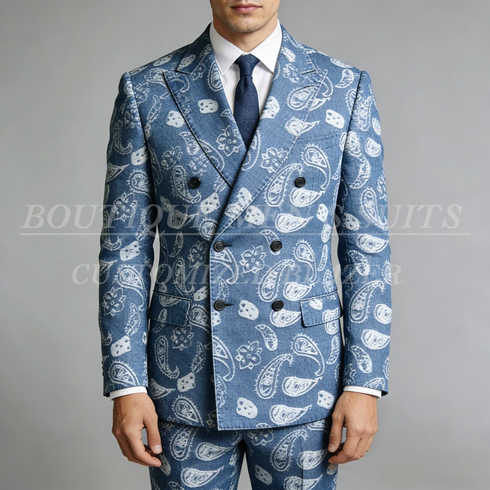 

Elegant Fashion Men's Suits Blazer Double Breasted Outfits Customzied Denim 2 Piece Jacket Pants Full Sets For Prom Party