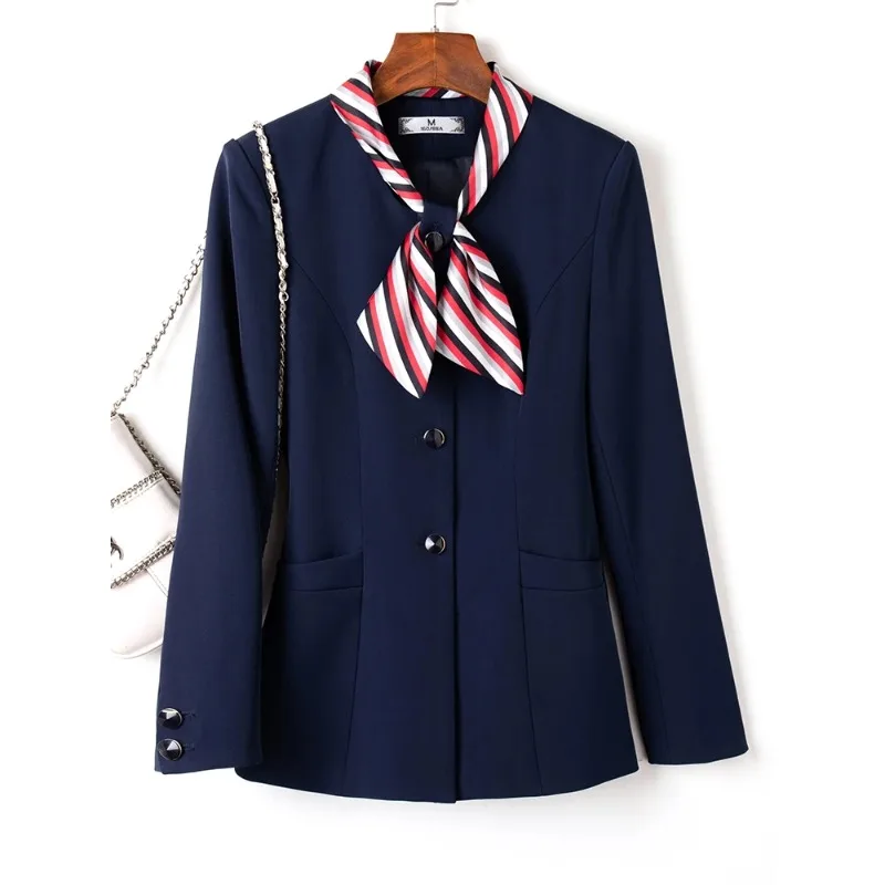 Elegant Women Suit Blazer With Bow Office Ladies Work Wear Coat Red Black Navy Solid Long Sleeve Formal Jacket