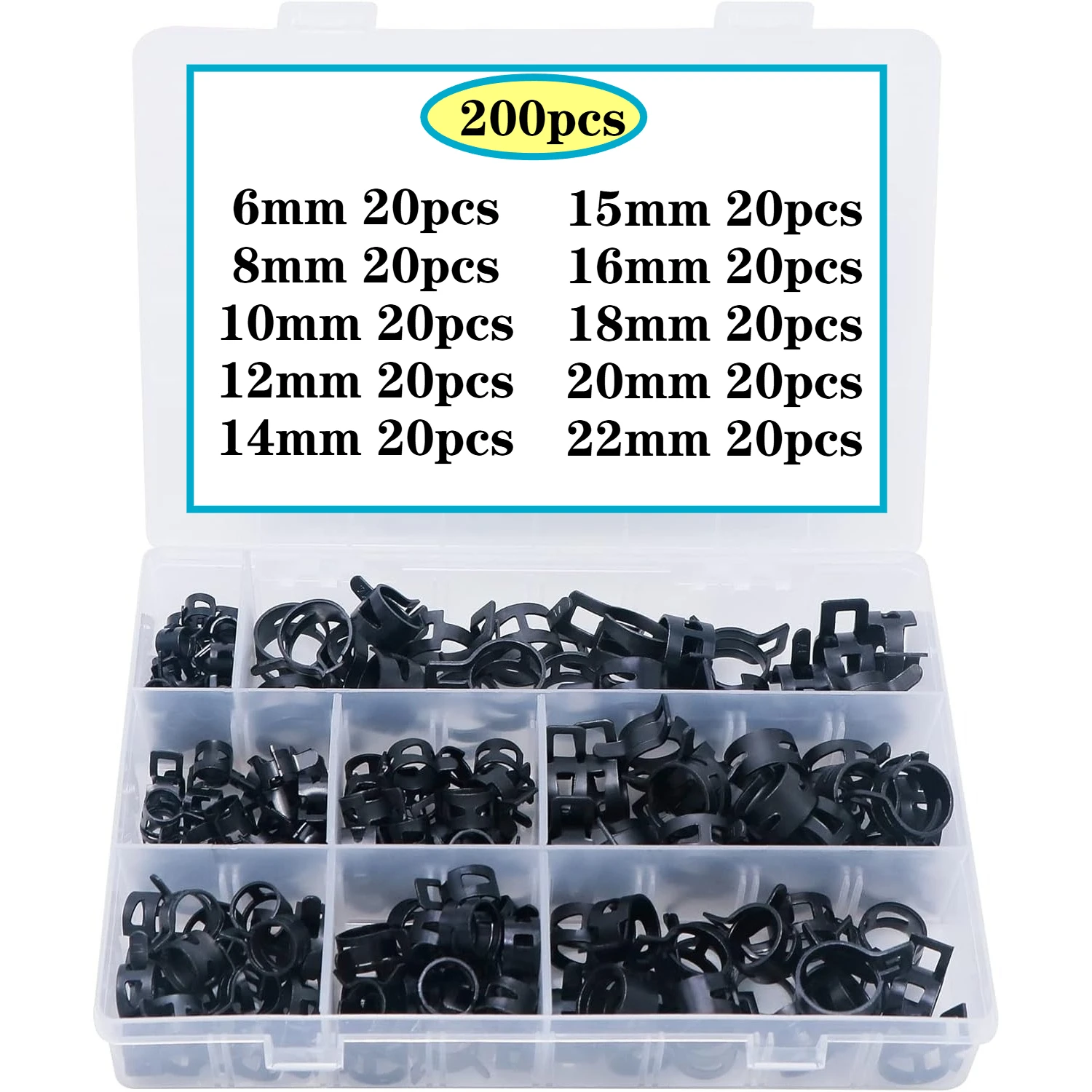 

200PCS 6-22mm Spring Band Type Action Fuel Line Silicone Vacuum Hose Pipe Clamp Low Pressure Air Clip Clamp Assortment Kit