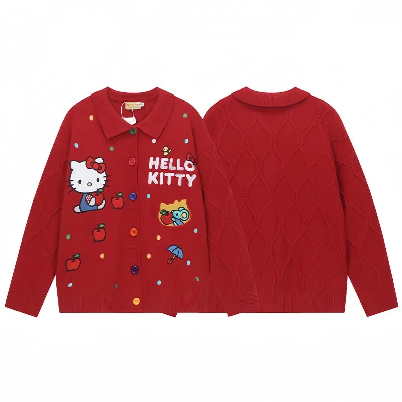 

Милый вязаный свитер с вышивкой «Hello Kitty» в стиле аниме, повседневный свободный кардиган, куртка на осень-зиму, женская вязаная верхняя одежда в стиле ретро