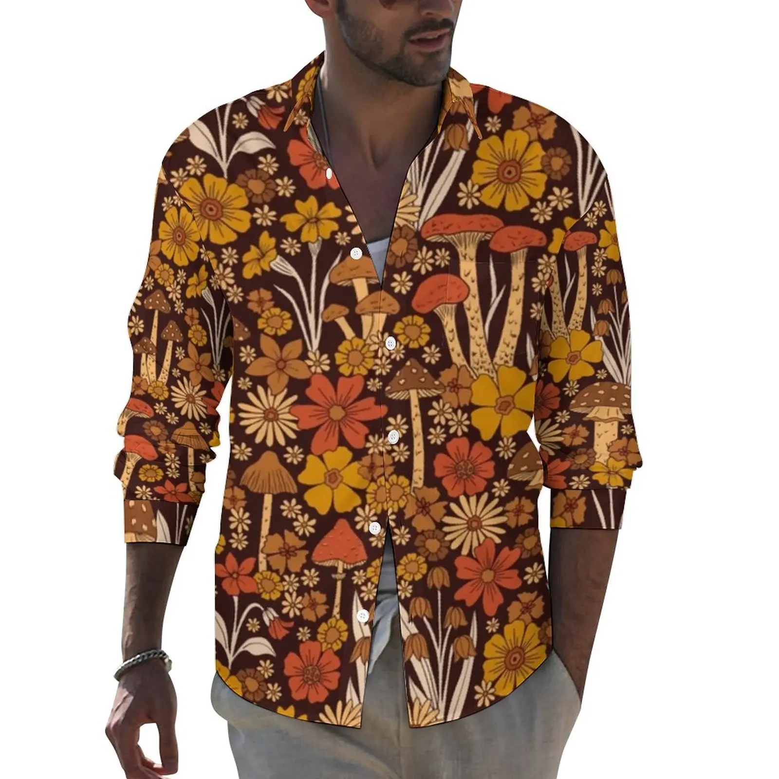 Orange Mushrooms Shirt Man Retro 1970s Flowers Print Casual Shirts Autumn Graphic Blouses Long Sleeve Trendy Oversized Clothing