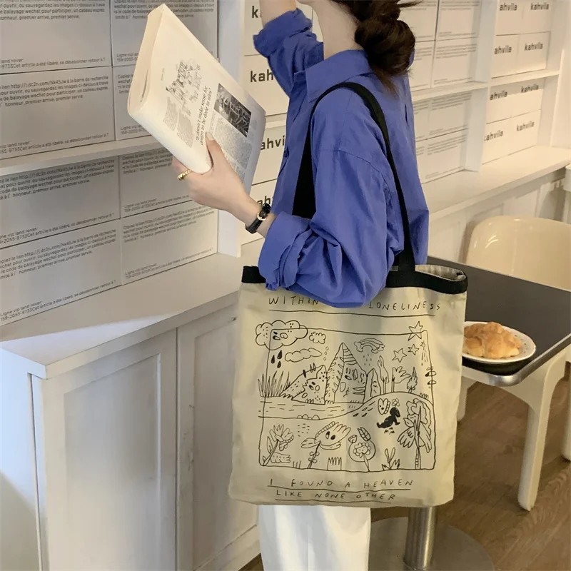 2023 Women Canvas Tote Bag Large Capacity Reusable Cotton Cloth Shopping Bag Japanese Casual Graffiti Handbag Shoulder Bag Tote