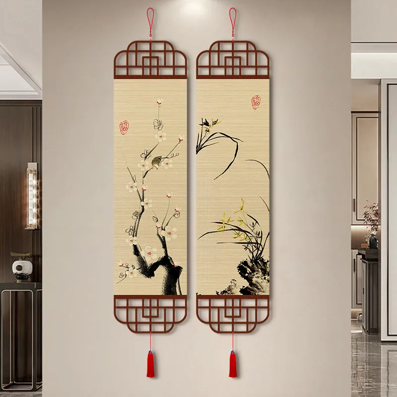 Bamboo Mat Wall Hanging Chinese Floral Calligraphy Art for Boutique Guesthouse and Acupuncture Clinic Reception Entryway Decor