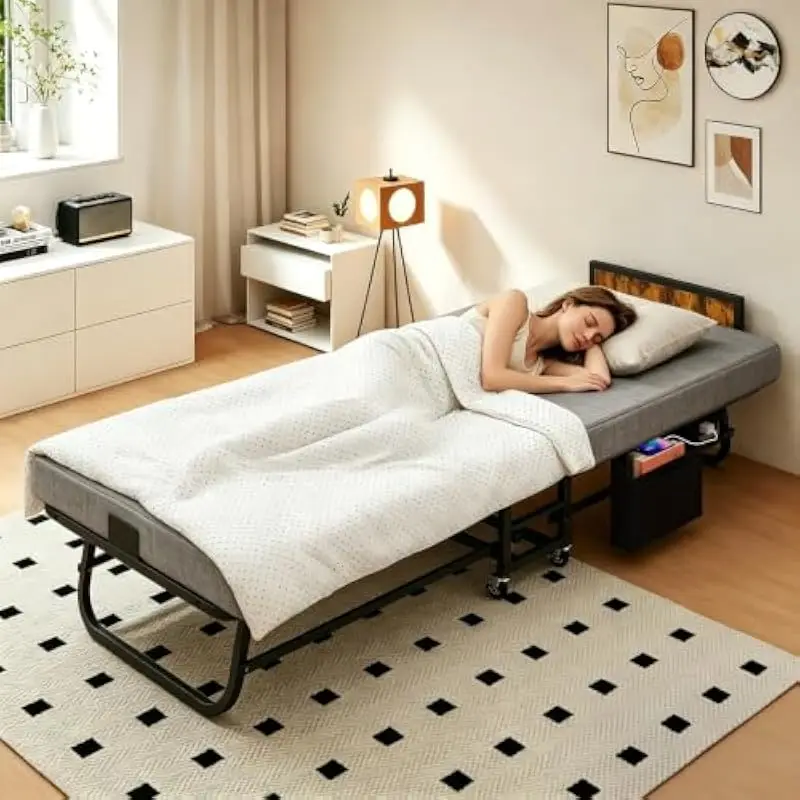 Folding Sleeper Bed with Memory Foam Mattress, 4 Lockable Casters, USB Charging Hub, Compact Foldable Design for Small Spaces, D