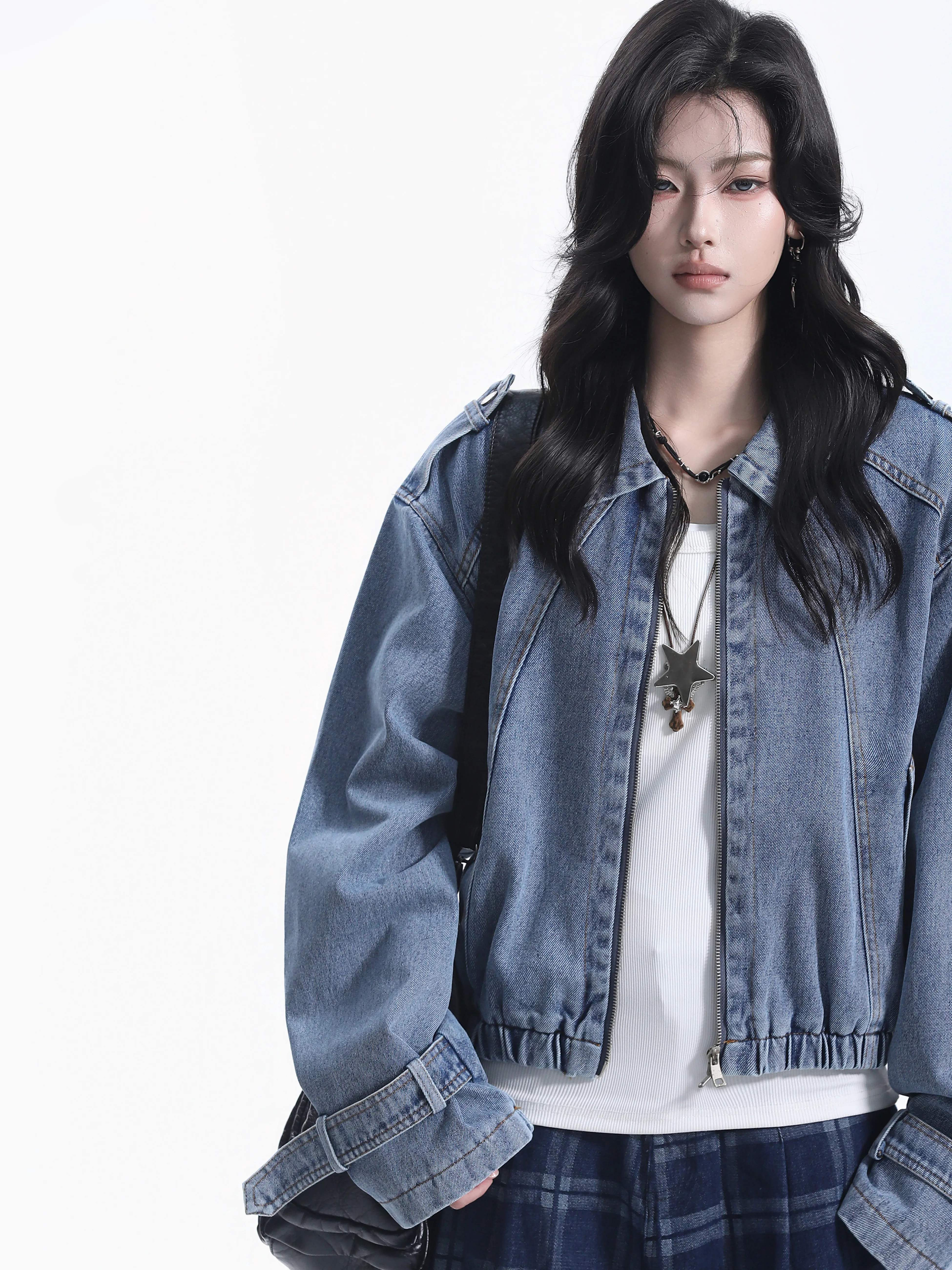 American Style Loose Fit Women's Denim Jacket with Cuffed Hem Washed Collar Stand up Short Coat for Couples by Smallqiuqiu
