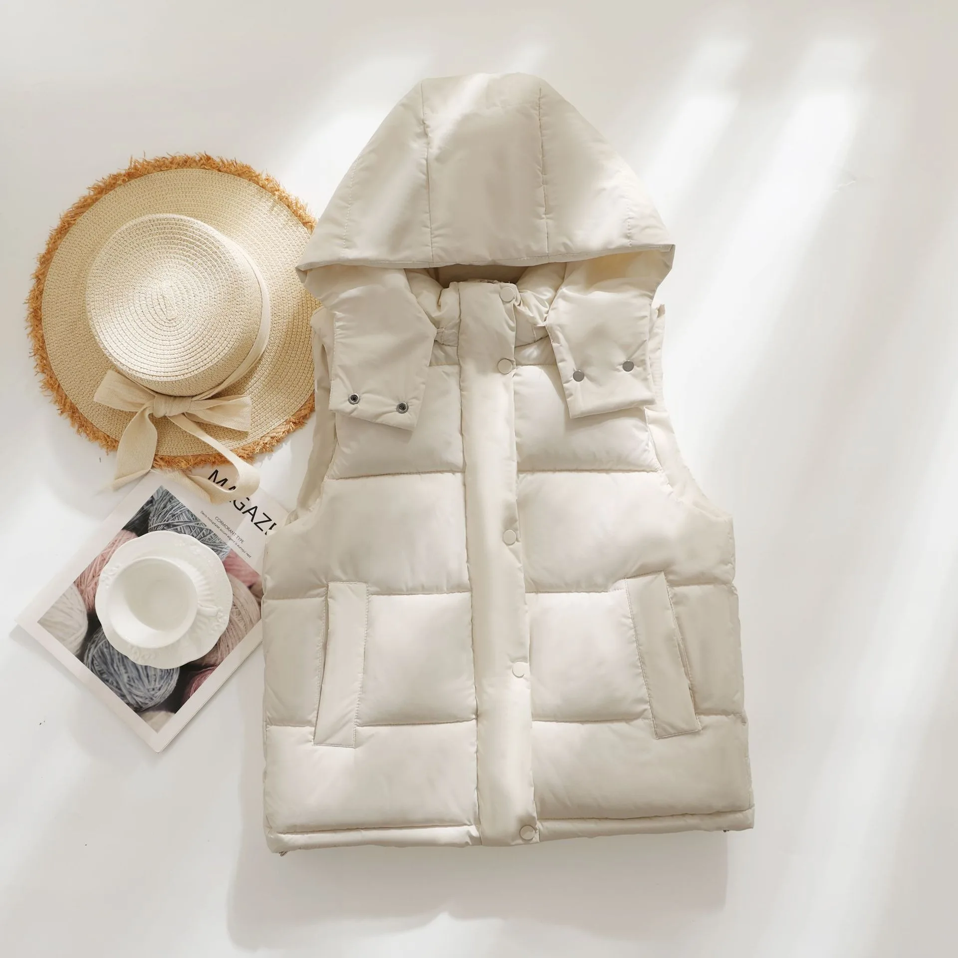 Light Purple Hooded Cotton Padded Vest for Women Sleeveless Warm Quilted Gilet with Pockets Autumn Winter Zipper Waistcoat