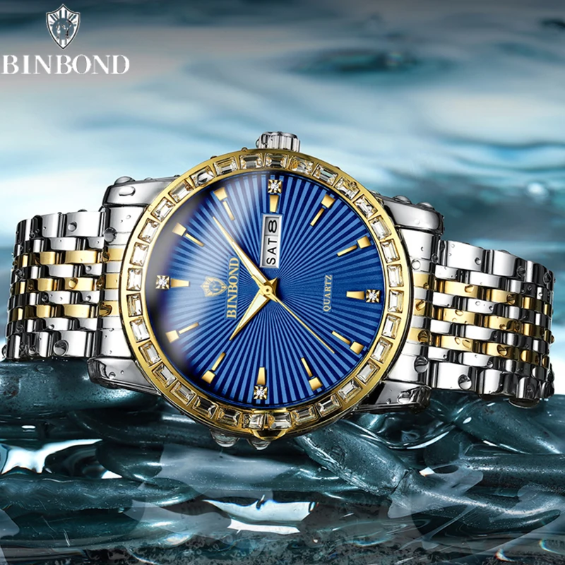 BINBOND-ساعة كوارتز فاخرة للرجال مرصعة بالماس ، عمل ، مضيئة ، مقاومة للماء ، ترفيه ، موضة ، رفيعة جدًا ، طالب ، رياضة