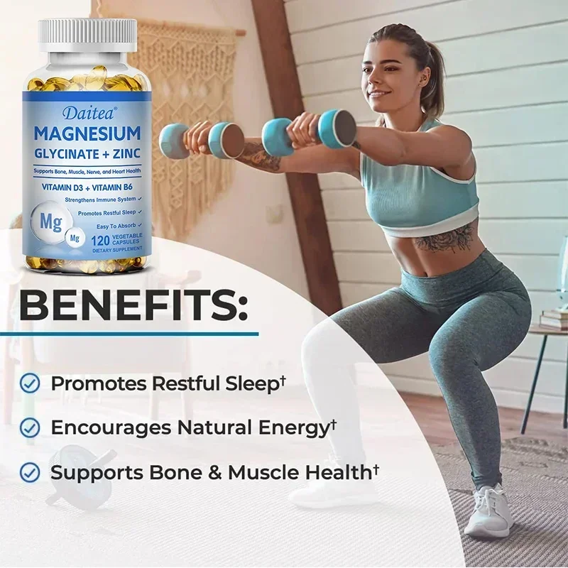 Magnesium + Zinc with Vitamin D3 and Vitamin B6 - Promotes Healthy Bones and Teeth, Heart, Nerve and Muscle Function, Non-GMO