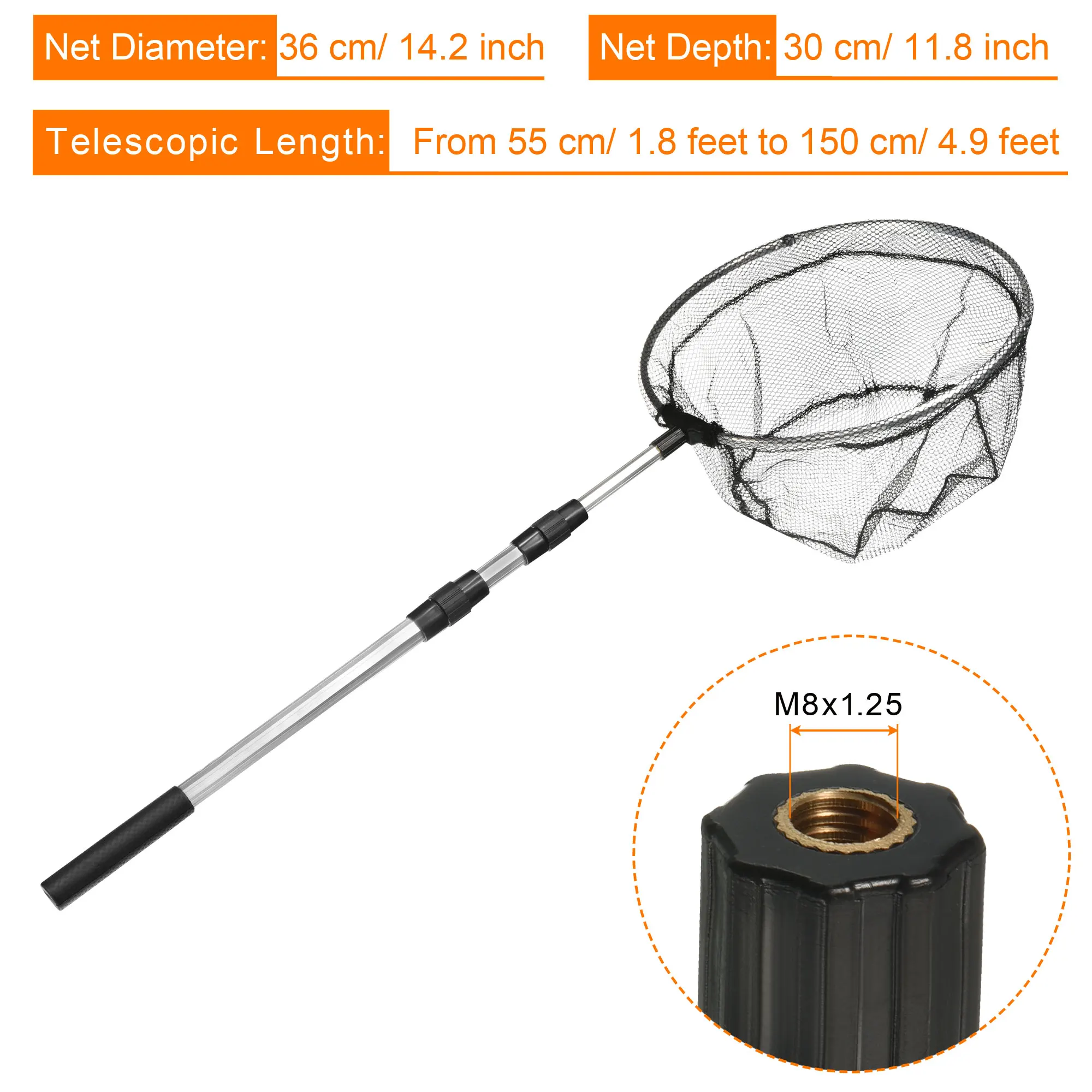 Folding Fishing Net Round Extend to 4.9ft Aluminium Alloy Telescopic Landing Pole Handle with M8 Thread for Freshwater Saltwater