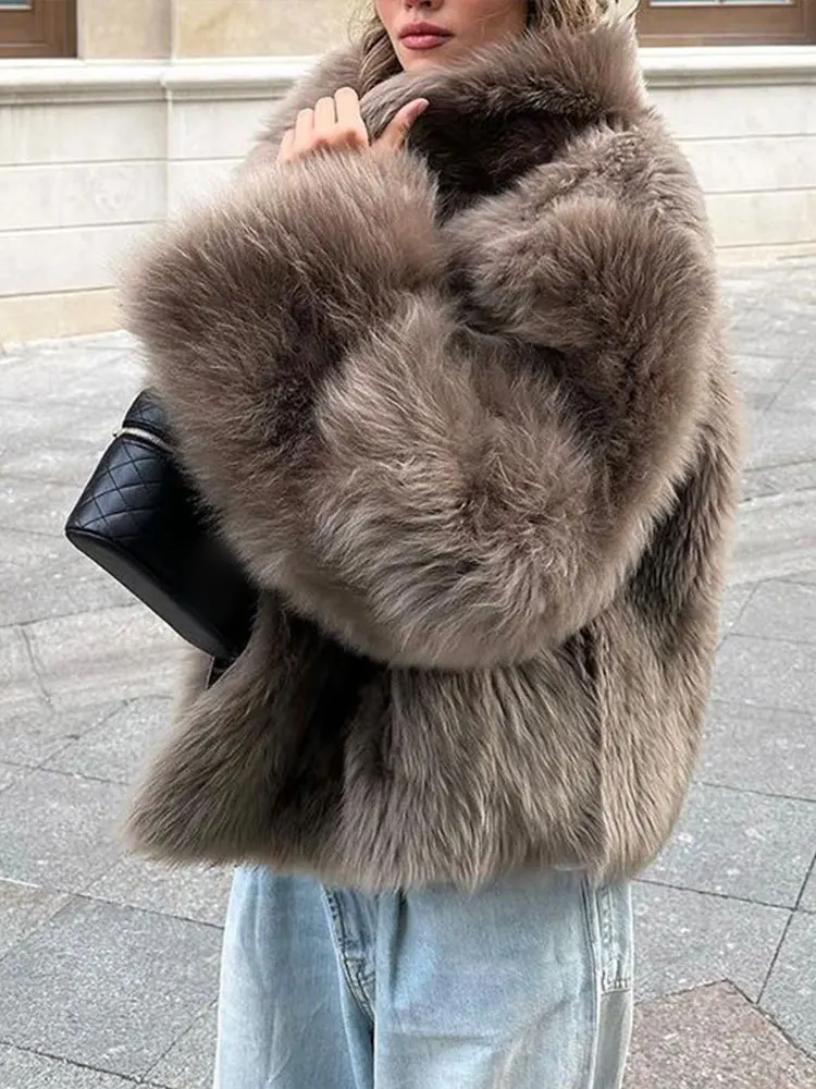 Lapel Cafe Short Faux Fur Coat Solid Women’s Faux Rabbit Furry Jacket Fluffy Thick Warm Plush Coat Overcoat Loose Casual Elegant