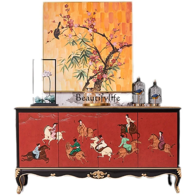 

*New Chinese style home Guochao retro style red hand-painted solid wood art cabinet