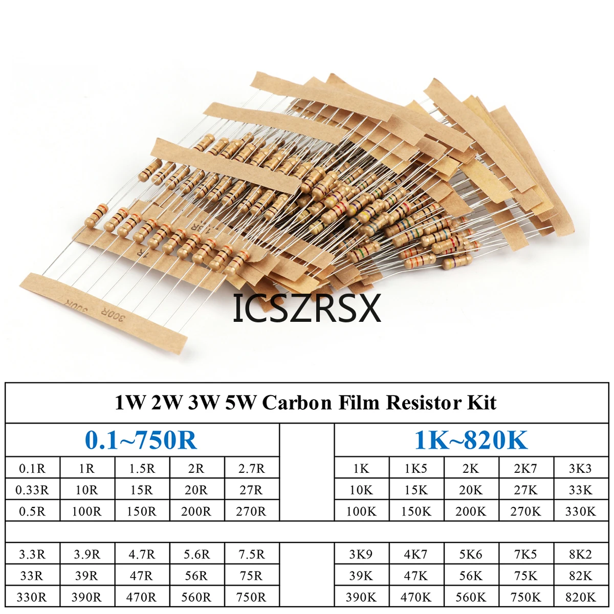 مجموعة مقاوم أغشية كربون ، مجموعة مقاومات ألوان أوم ، مقاومة حلقية الألوان ، ، 1K ~ 750R ، مجموعة 1W 2W 3W 5W