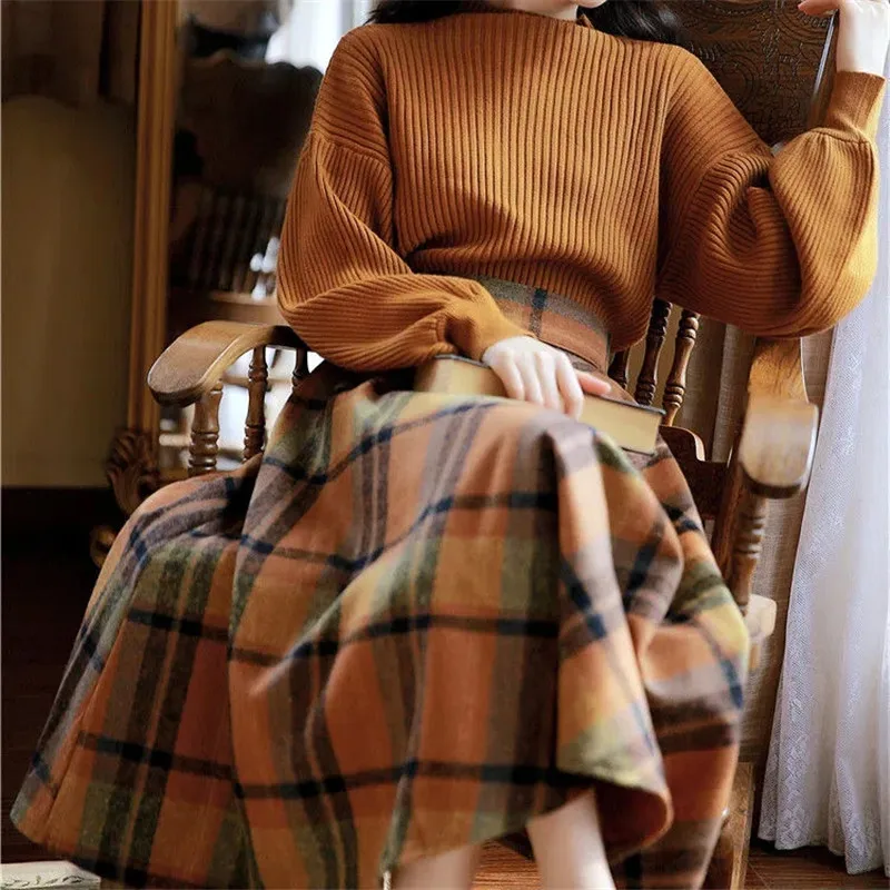 Vintage Two Piece Set Women Knitting Korean Elegant Conjunto Femenino Solid Sweater+plaid Long Skirt Autumn Winter 2023 Clothing