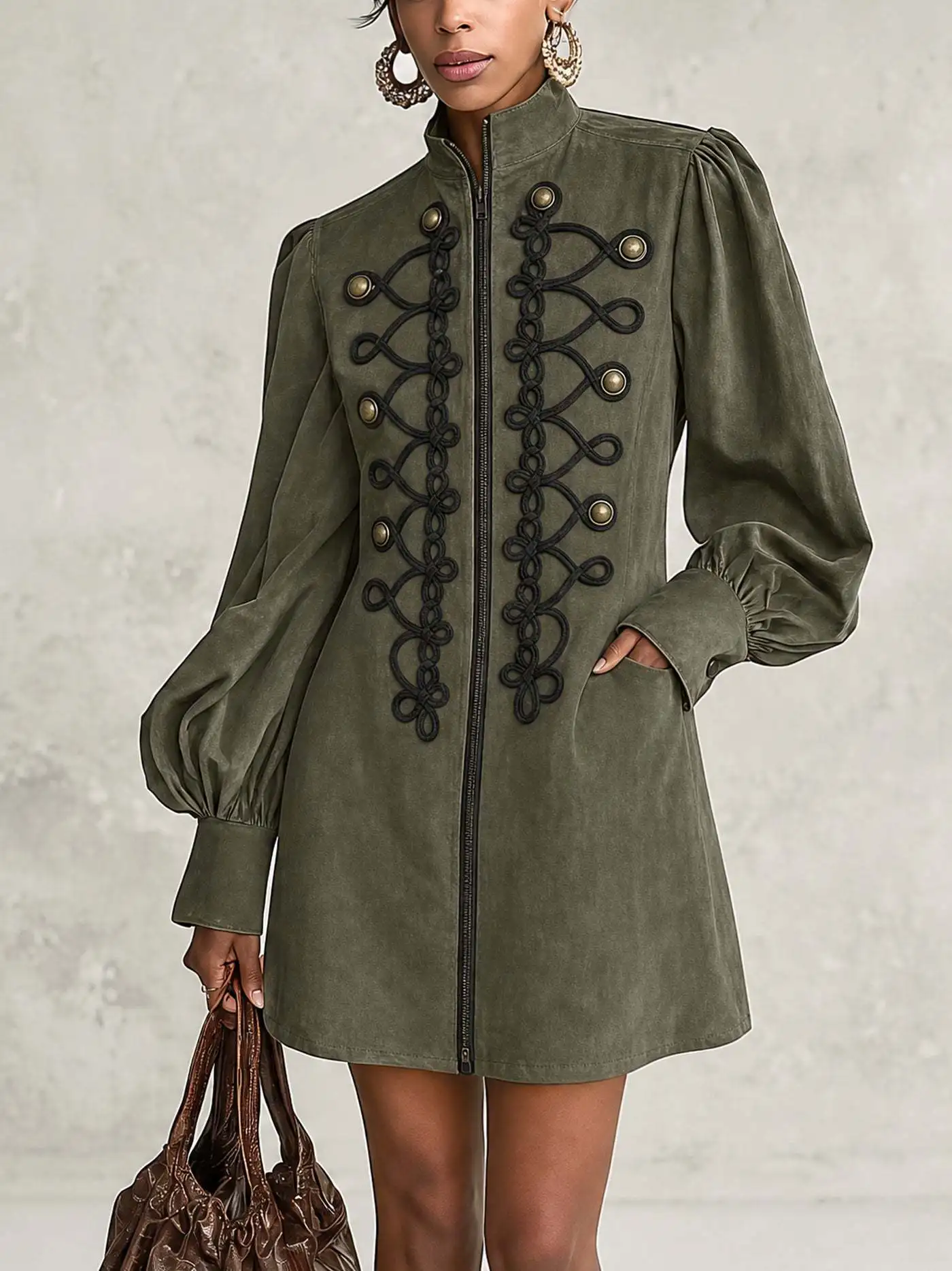 Vintage Damen-Minikleid mit Stehkragen, Reißverschluss, Laternenärmeln, geflochtenem Knoten, lässiges Kleid im Mantelstil, Herbst-Winter-Streetwear-Kleider