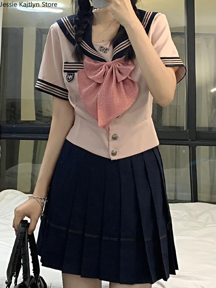 Japanese Kawaii School Uniform Women Korean Cute Girl Cosplay Cheerleader Uniform Autumn Pink Sailor Top and Pleated Skirt Sets