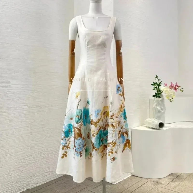 فستان ميدي نسائي من الكتان النقي 2025 بتصميم شاطئ جديد أبيض بدون أكمام مطبوع عليه زهور ورباط بدون ظهر