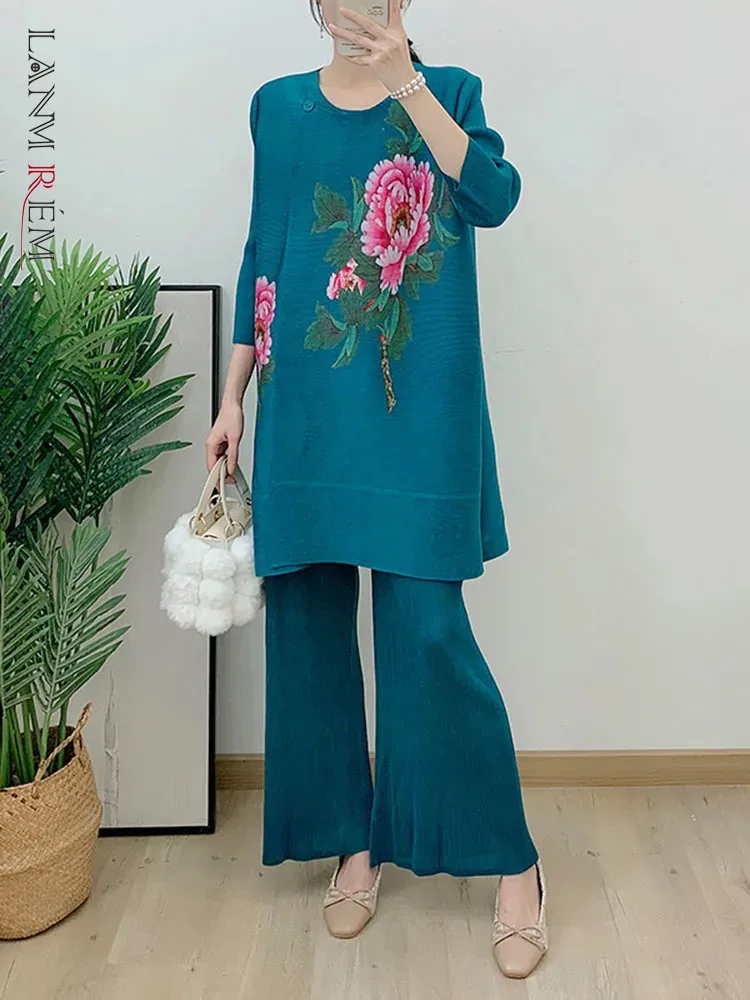 

LANMREM Women Pleated 2 Piece Set Fashion Floral Print Mid Length T-shirt Wide Leg Pants 2023 Autumn New Clothing 2AA3510